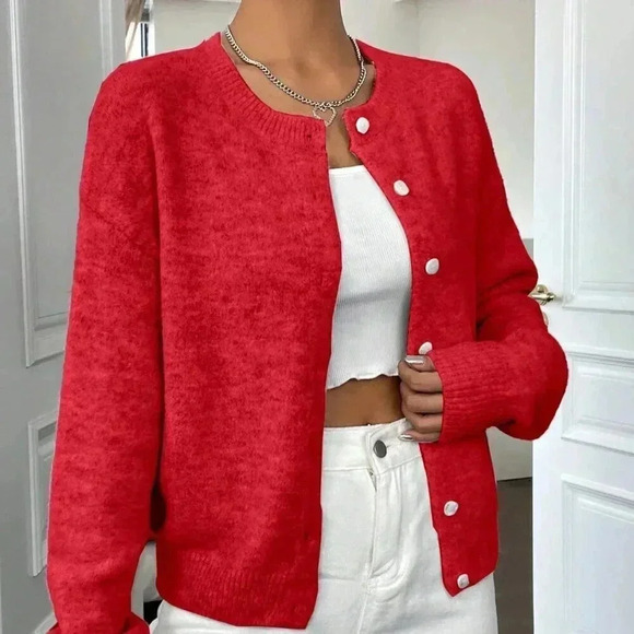 Red Casual Women's Loose Cardigan - Picture 3 of 8
